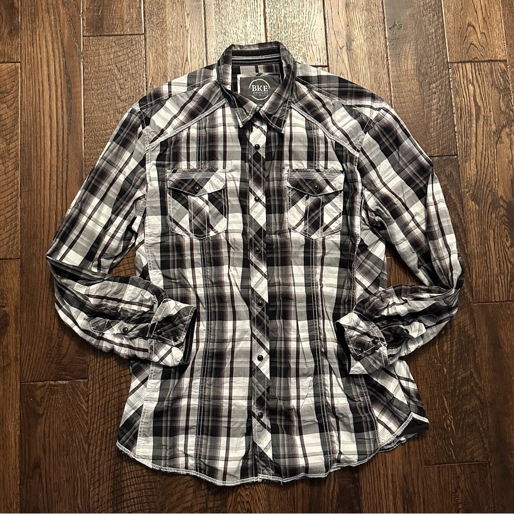 BKE black plaid cotton button down shirt with snap buttons